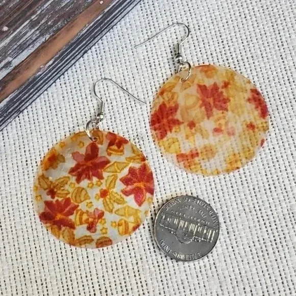 Capiz Shell Earrings Red Orange Flowers Handmade - Picture 2 of 2